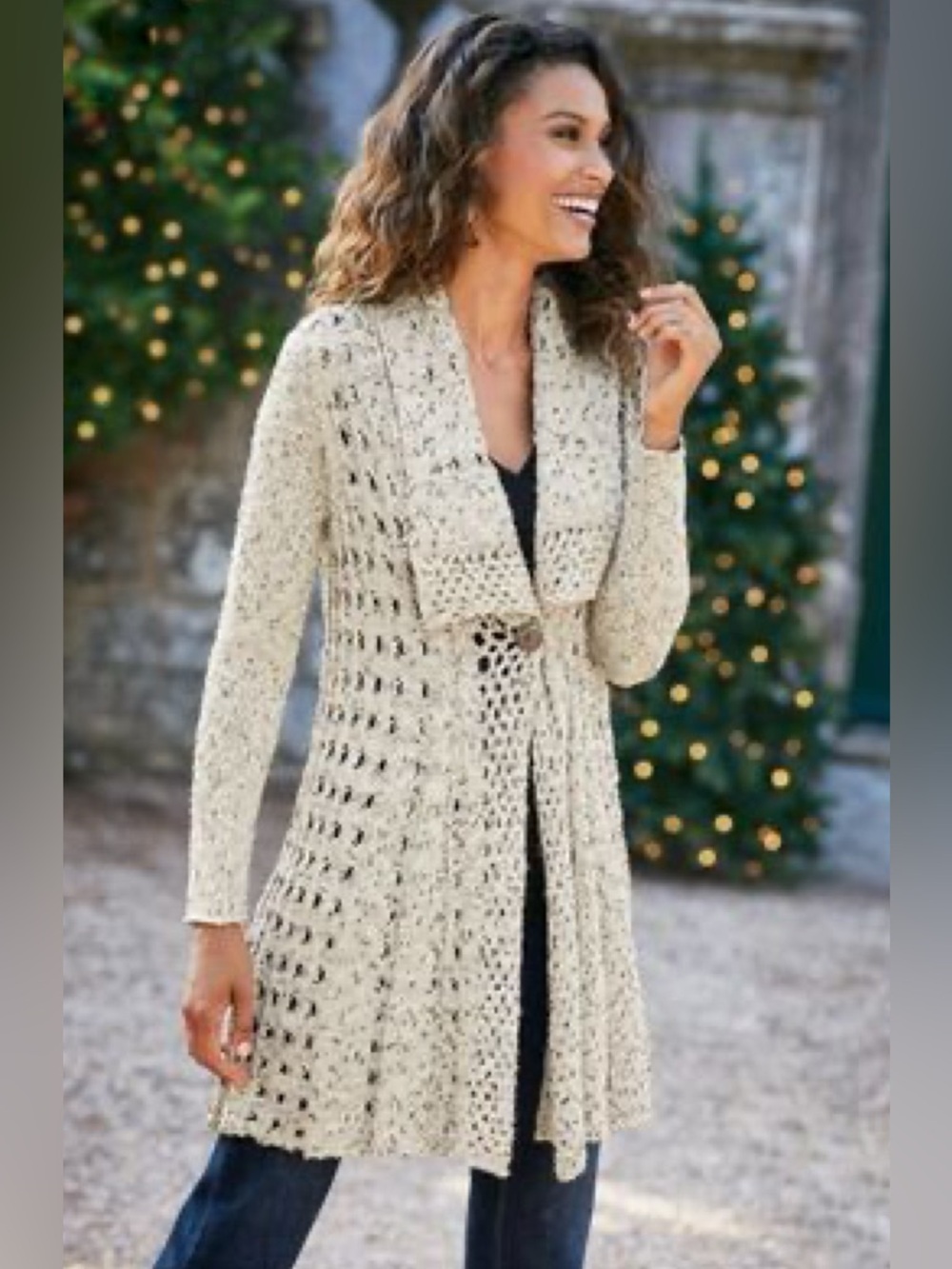 Soft Surroundings Open Knit Cardigan Sweater XL Boho Drape Neutral Teressa